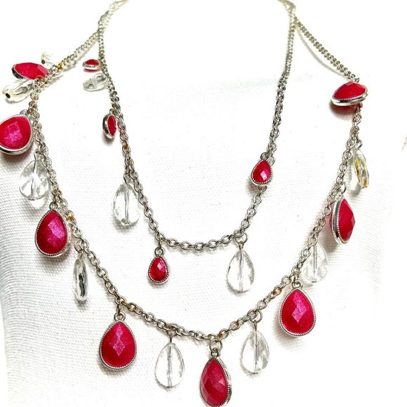 Red & Clear Teardrop Bead Multi Layered Statement Chain Necklace 35 inch - Picture 1 of 5